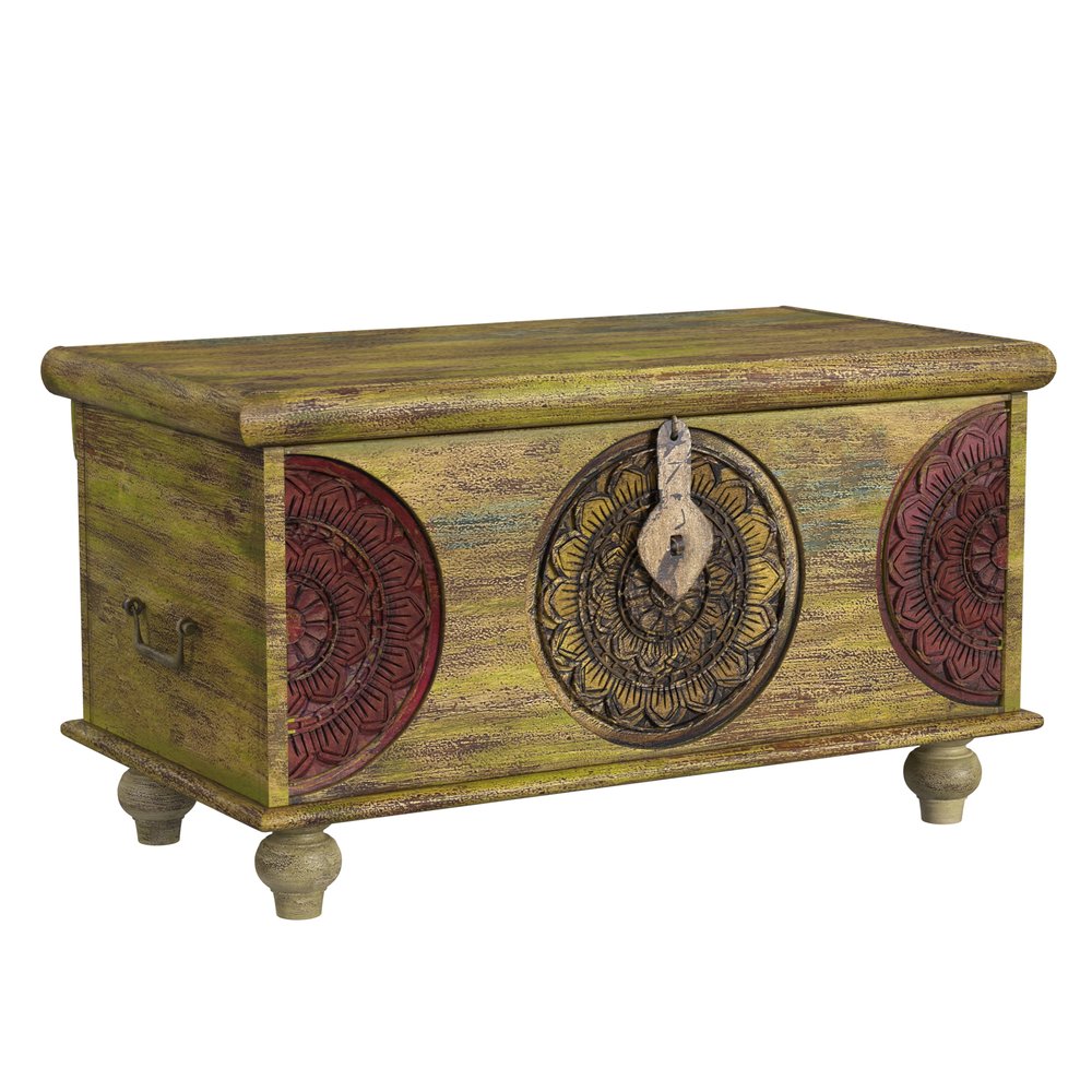 33" Brown and Green Wood Distressed Coffee Table