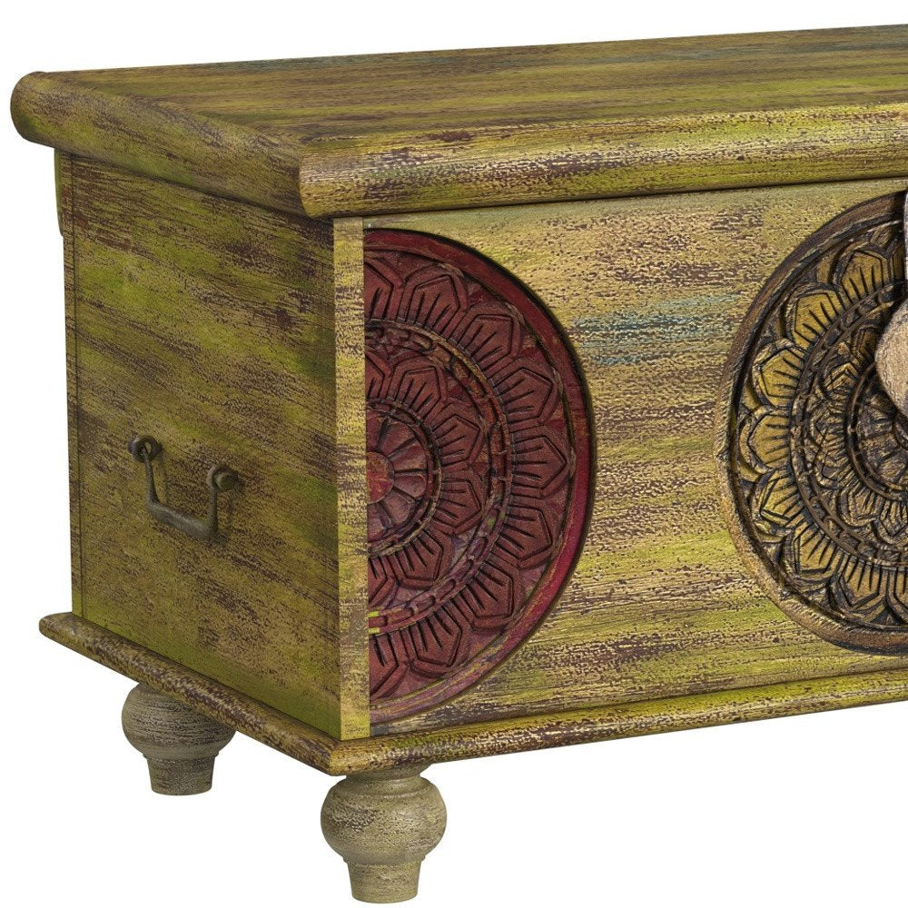33" Brown and Green Wood Distressed Coffee Table