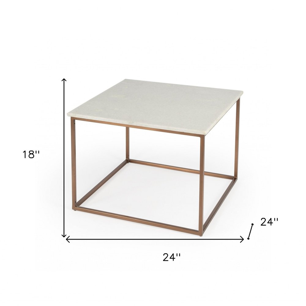 24" White and Copper Genuine Marble and Metal Square Coffee Table