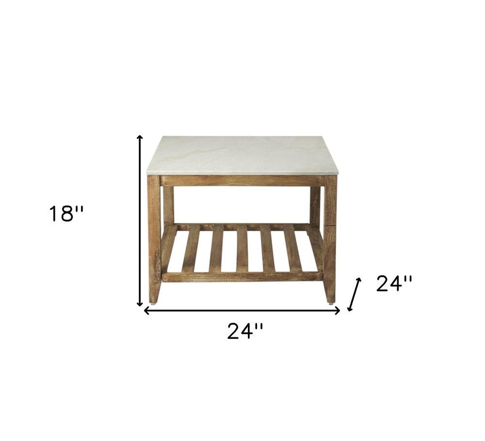 24" Off White and Brown Genuine Marble and Wood Square Coffee Table With Shelf