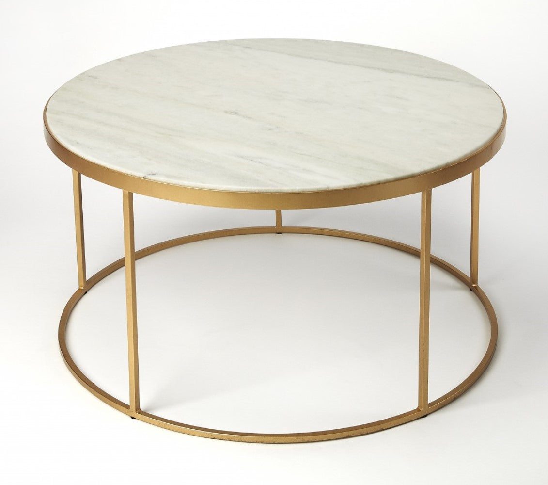 34" Off White and Gold Genuine Marble and Metal Round Frame Coffee Table