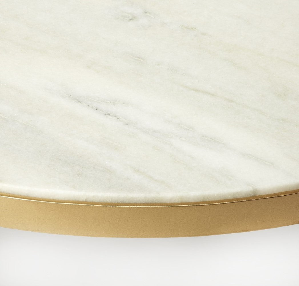 34" Off White and Gold Genuine Marble and Metal Round Frame Coffee Table
