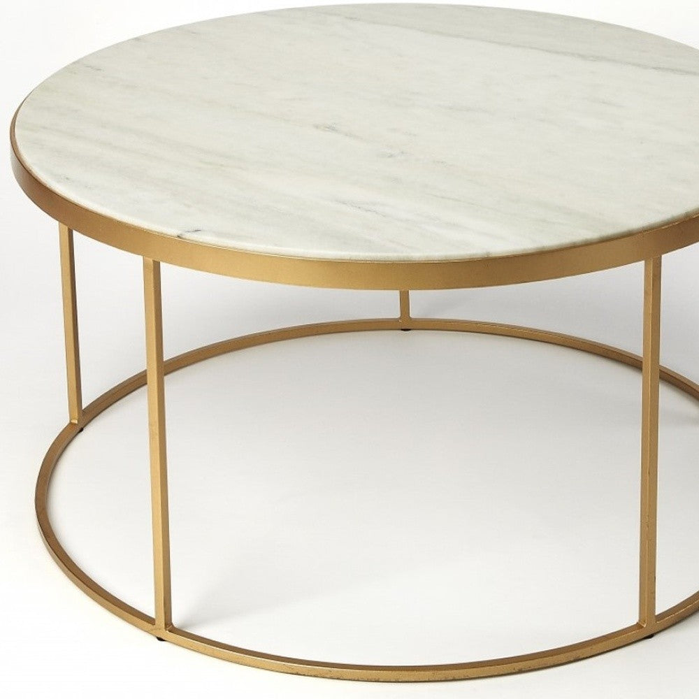34" Off White and Gold Genuine Marble and Metal Round Frame Coffee Table