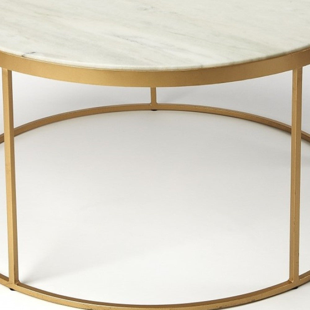 34" Off White and Gold Genuine Marble and Metal Round Frame Coffee Table