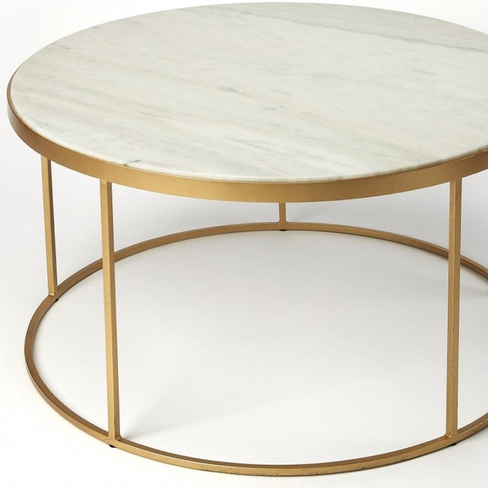 34" Multi-Color And Off White Marble And Metal Round Coffee Table