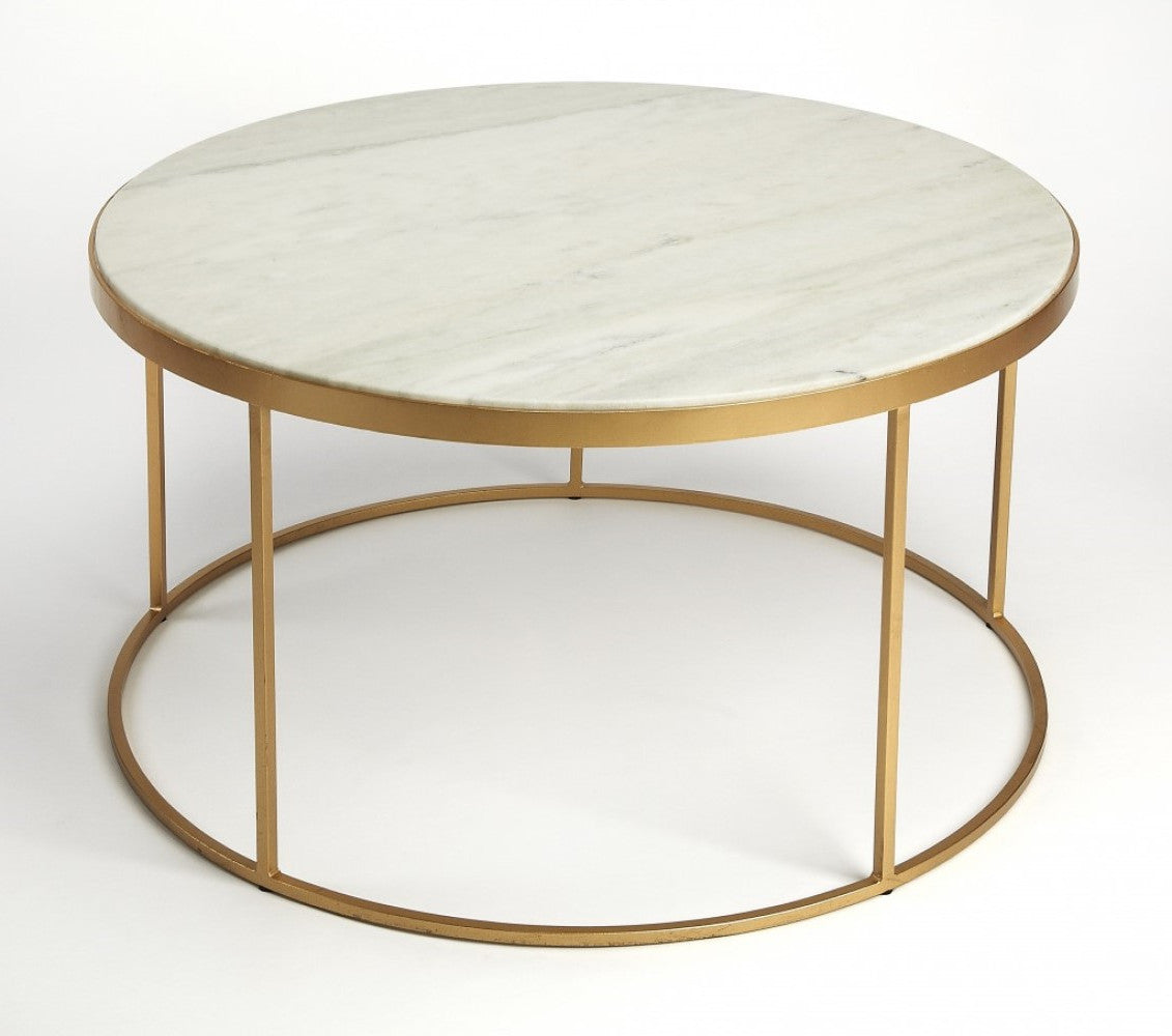 34" Off White and Gold Genuine Marble and Metal Round Frame Coffee Table
