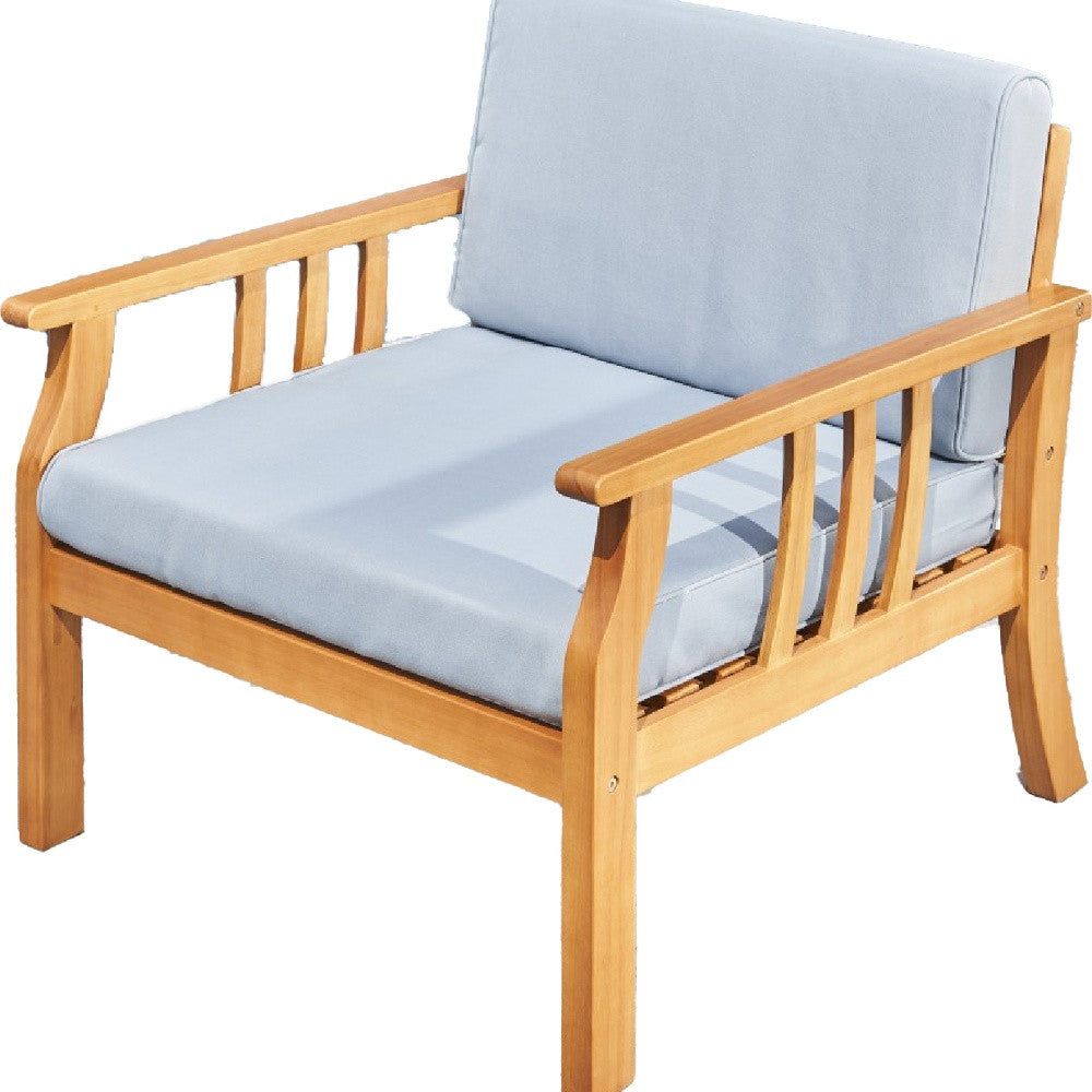 33" Natural Eucalyptus Slat Wood Outdoor Accent Chair with Aqua Cushion