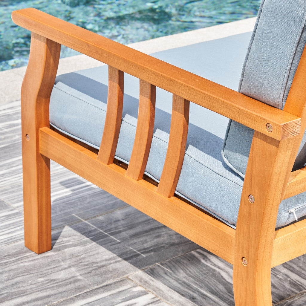 33" Natural Eucalyptus Slat Wood Outdoor Accent Chair with Aqua Cushion