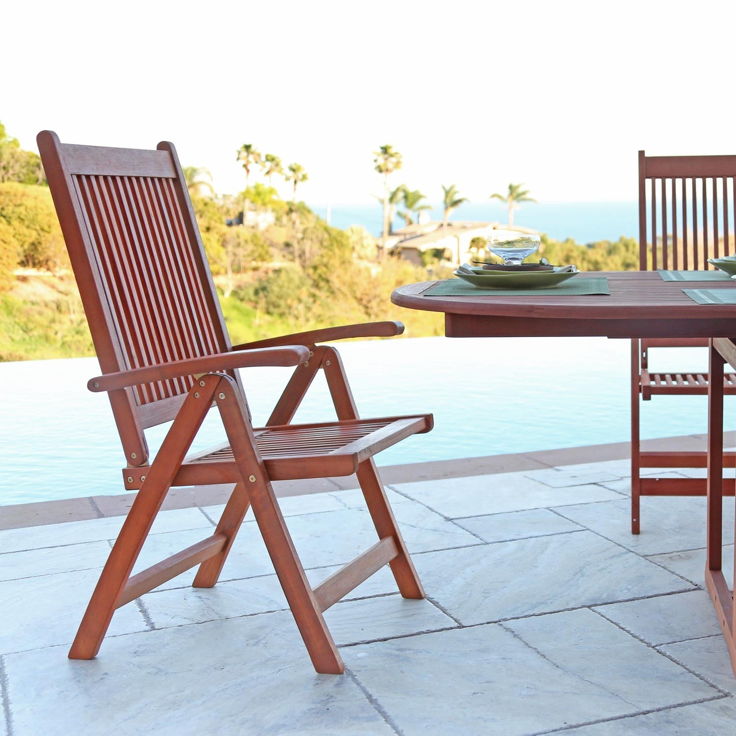 26" Mahogany Brown Solid Wood Indoor Outdoor Reclining Arm Chair