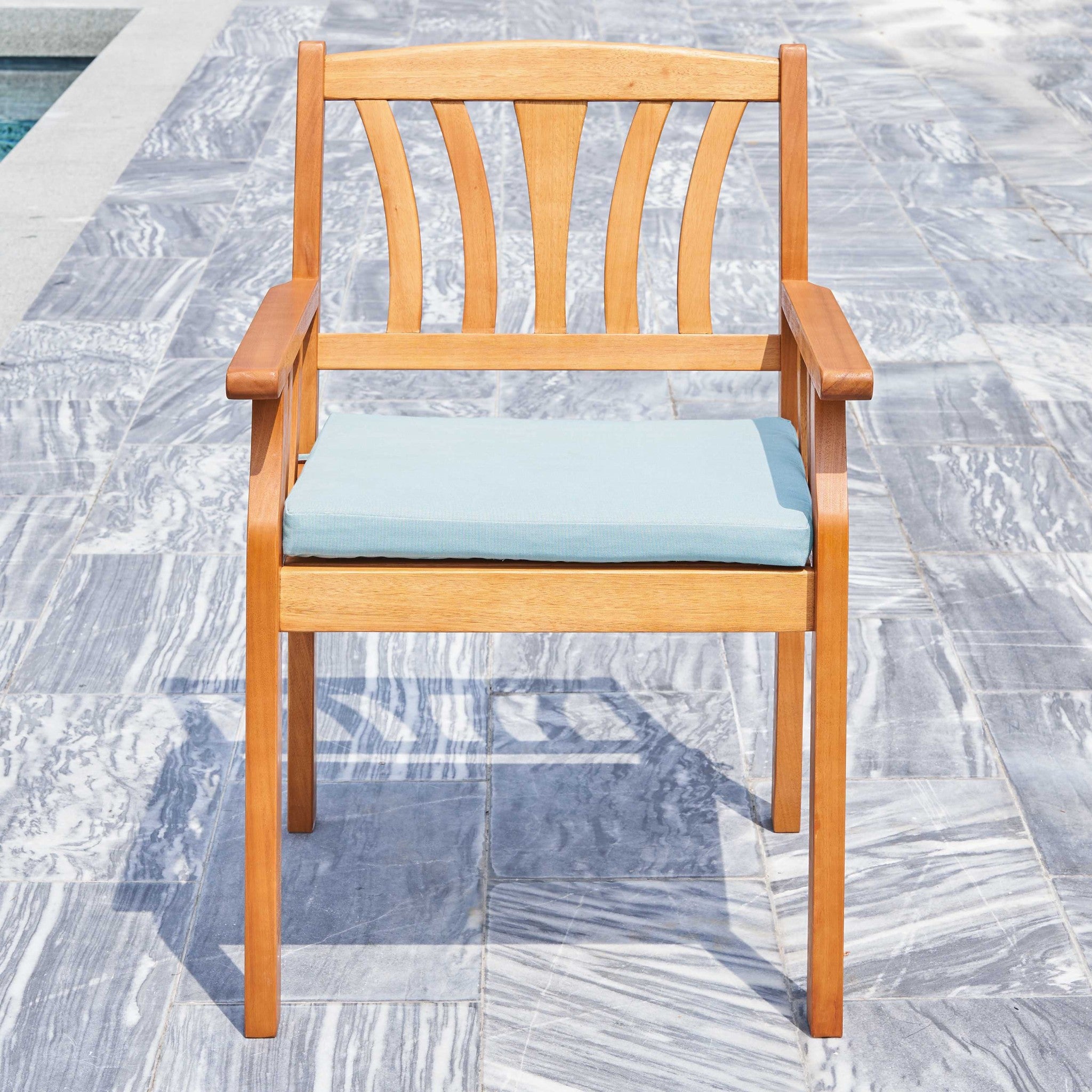 35" Natural Eucalyptus Slat Wood Outdoor Accent Chair with Aqua Cushion