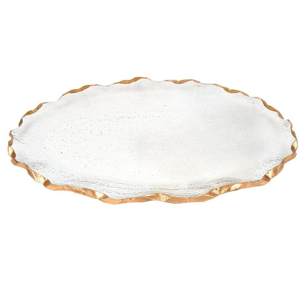 14" Clear Bubble Glass Scalloped Gold Rim Oval Platter