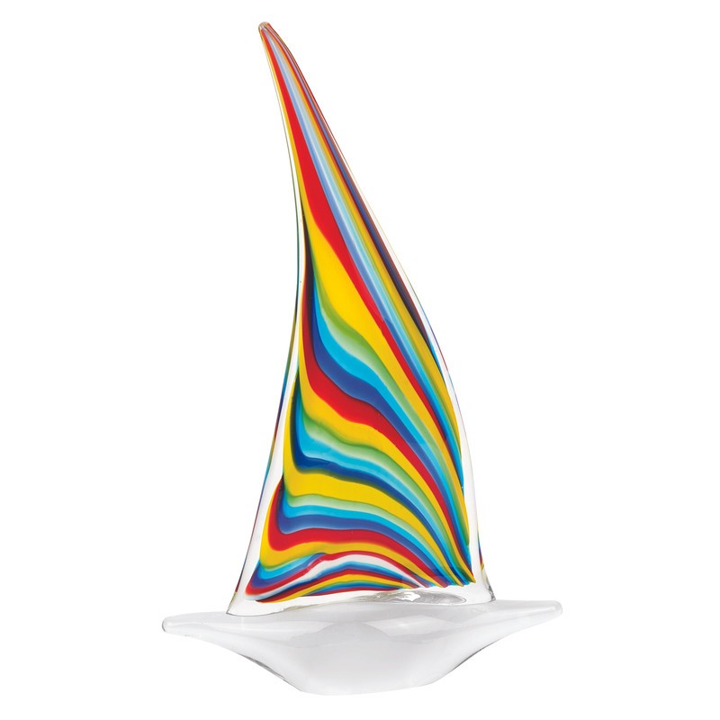 14" Clear Red Blue Yellow Glass Sailboat Tabletop Sculpture