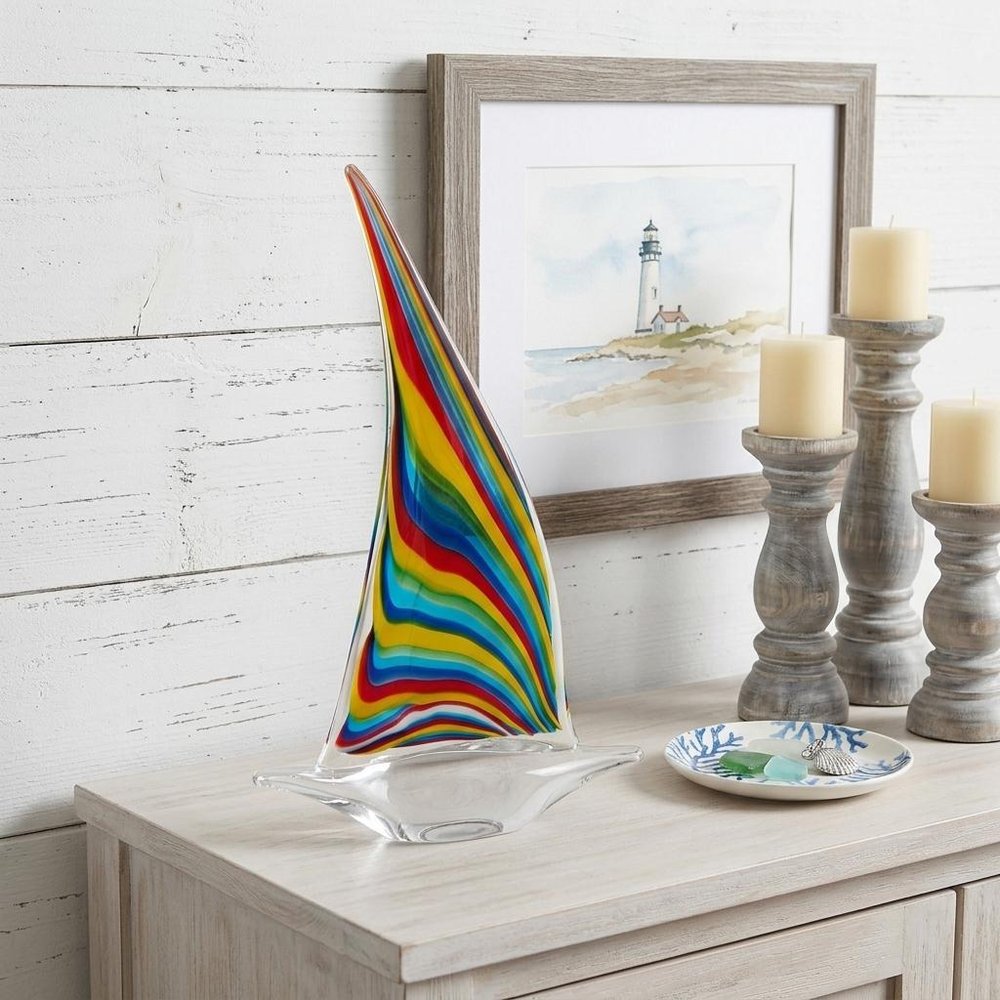 14" Clear Red Blue Yellow Murano Glass Sailboat Tabletop Sculpture