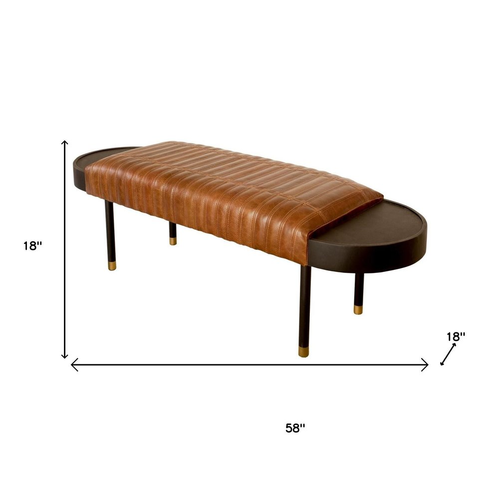Warm Brown Leather And Solid Wood Bench