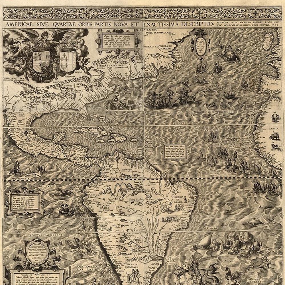 Vintage 1562 Map Of Early Americas Unframed Print Wall Art