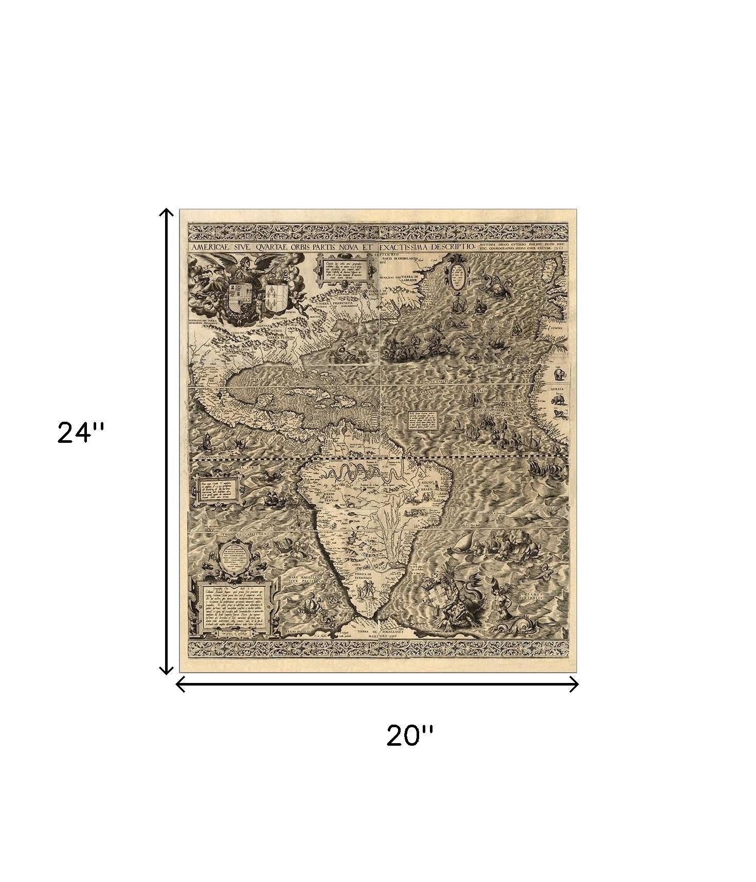 20" X 24" Vintage 1562 Map Of Early Americas Wall Art