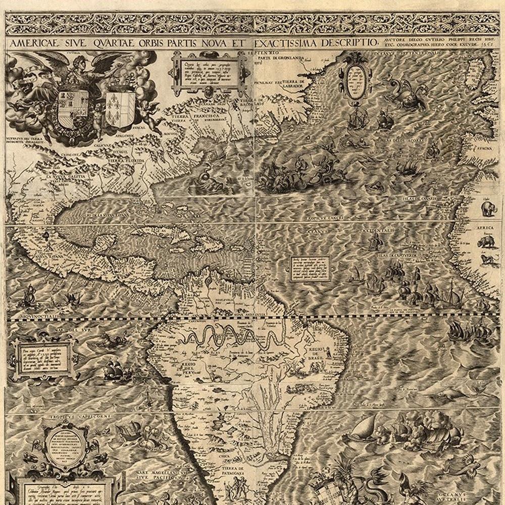 20" X 24" Vintage 1562 Map Of Early Americas Wall Art