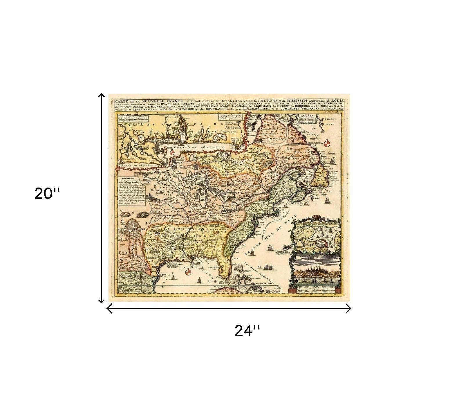 20" X 24" Vintage 1718 Map Of New France