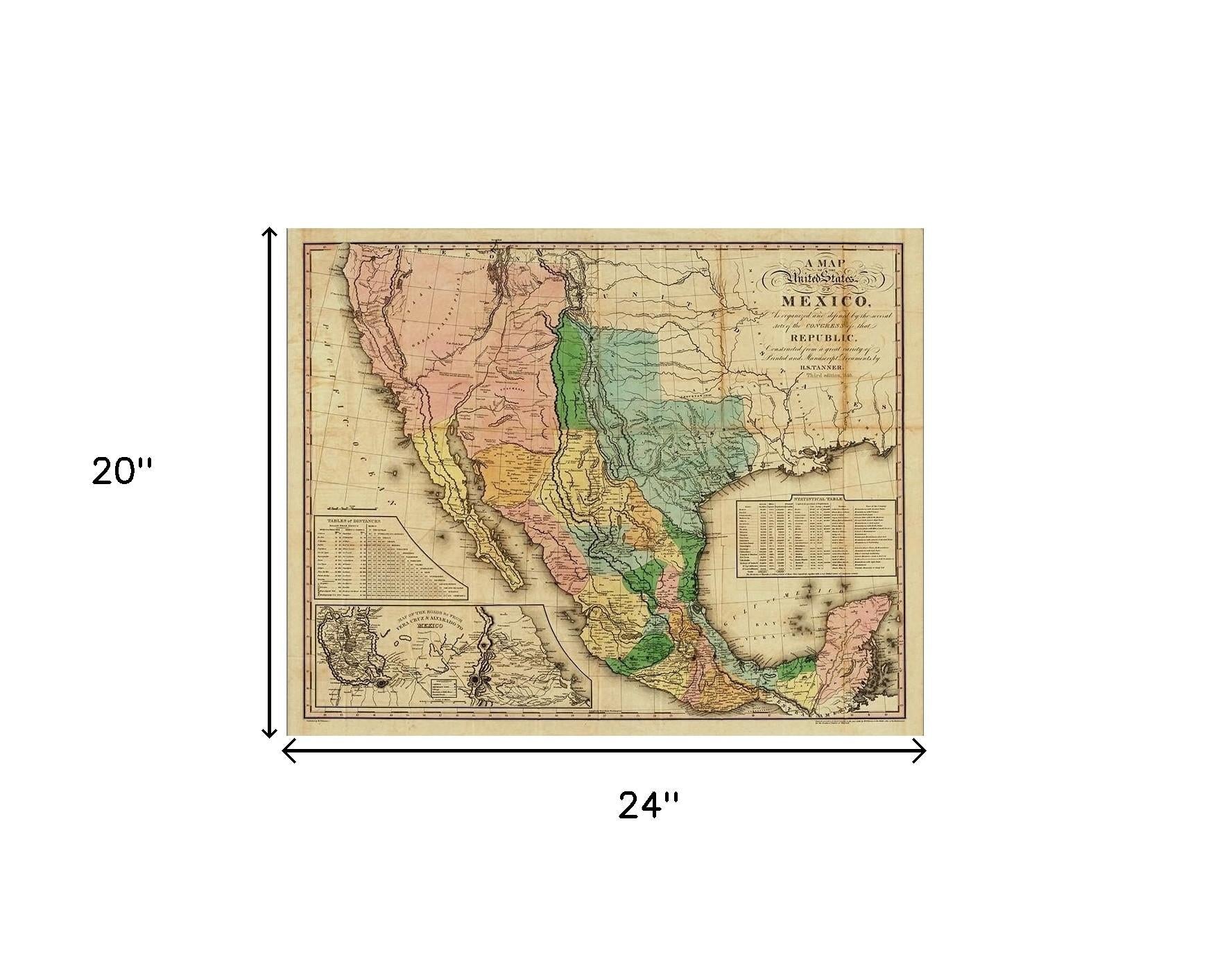 20" X 24" Vintage 1846 Map Of Mexico Wall Art
