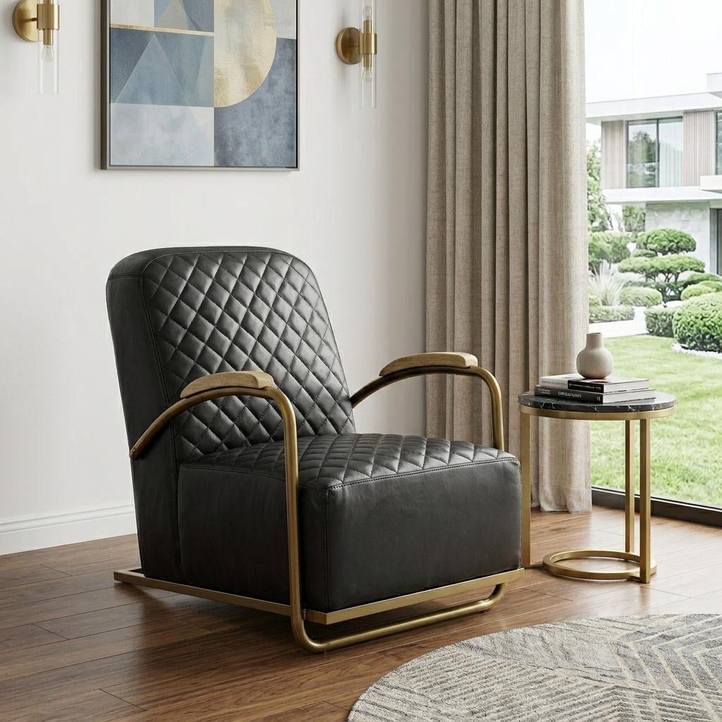 36" Black and Gold Leather Lounge Chair