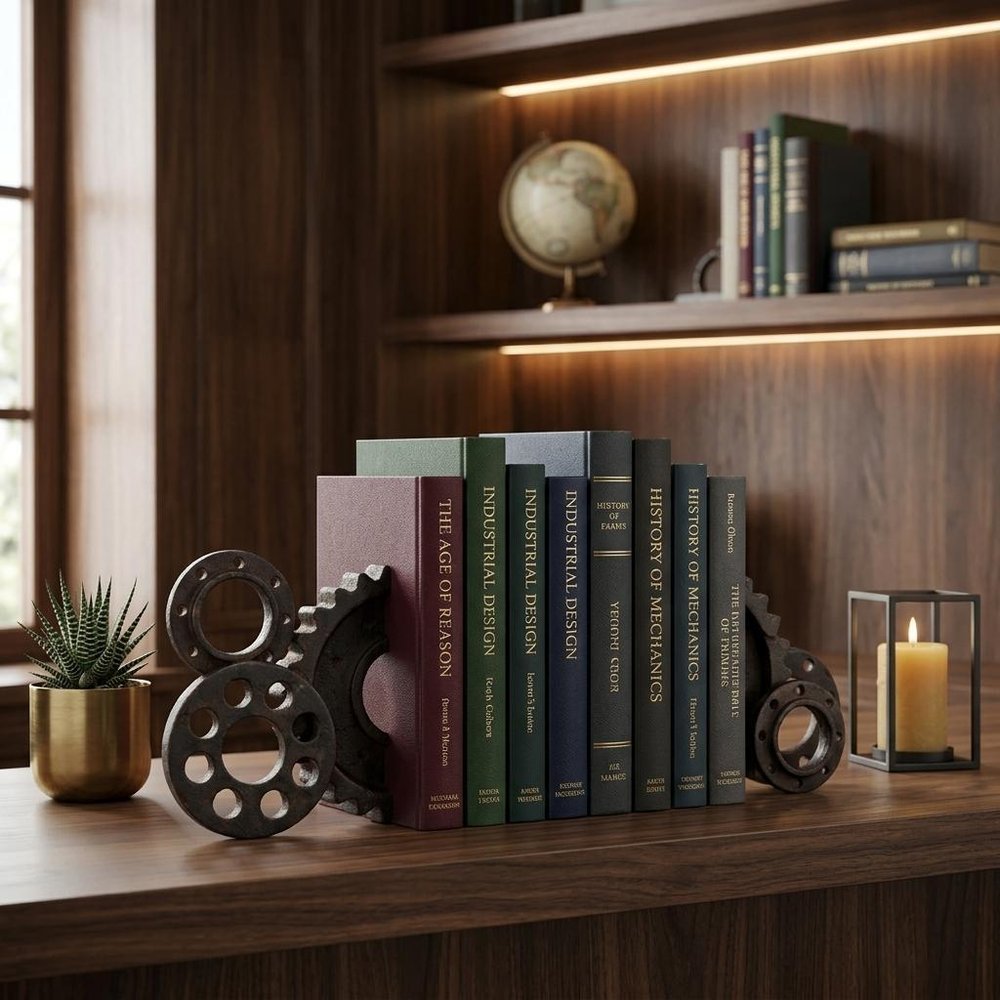 Set of Two Matte Black Industrial Cog Bookends