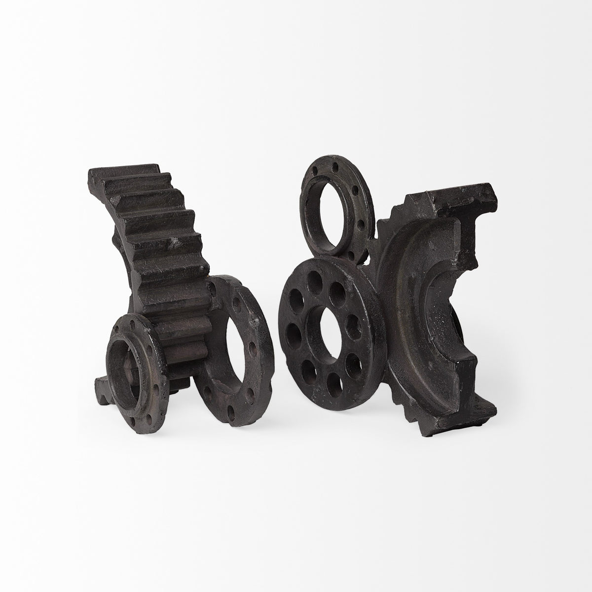 Set of Two Matte Black Industrial Cog Bookends
