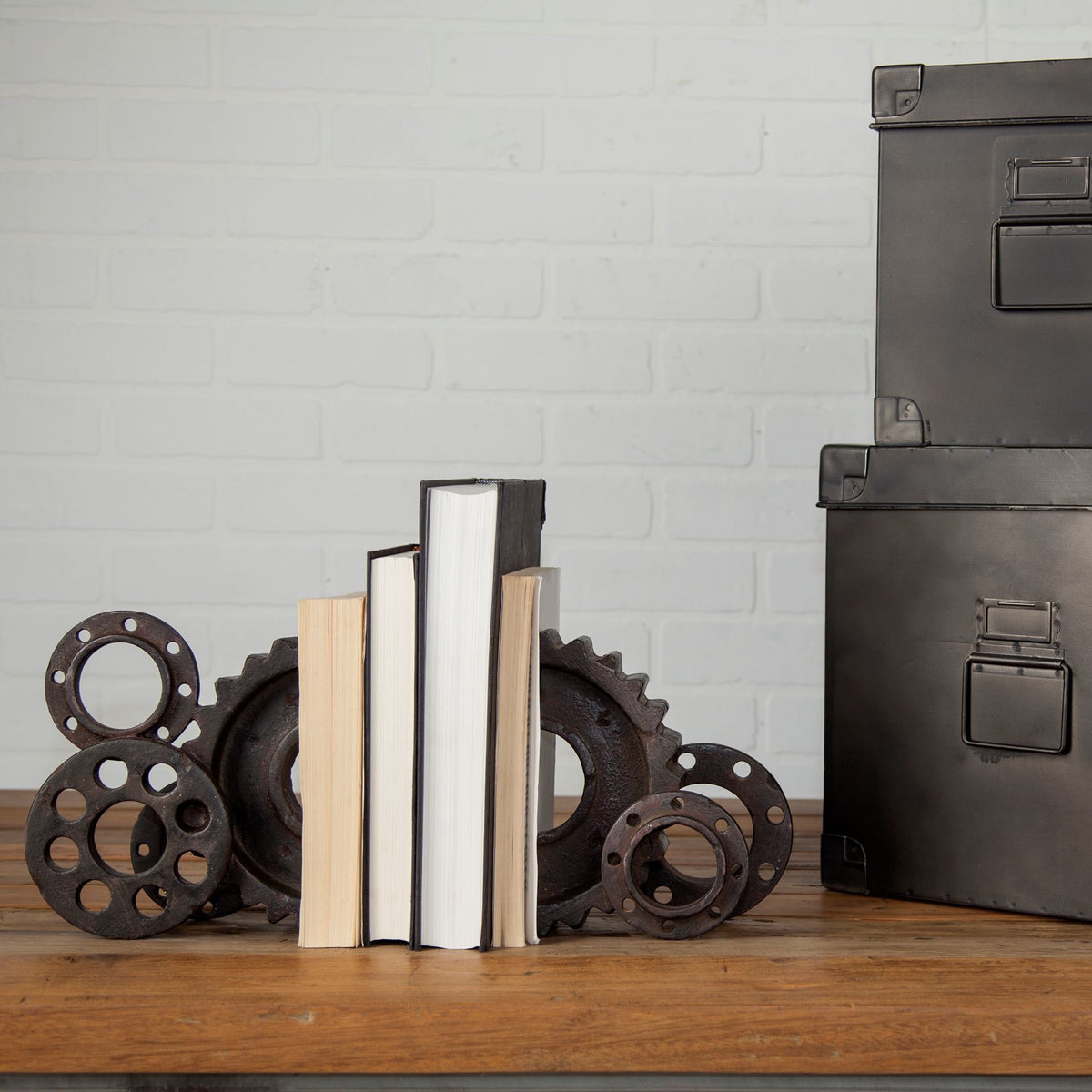 Set of Two Matte Black Industrial Cog Bookends