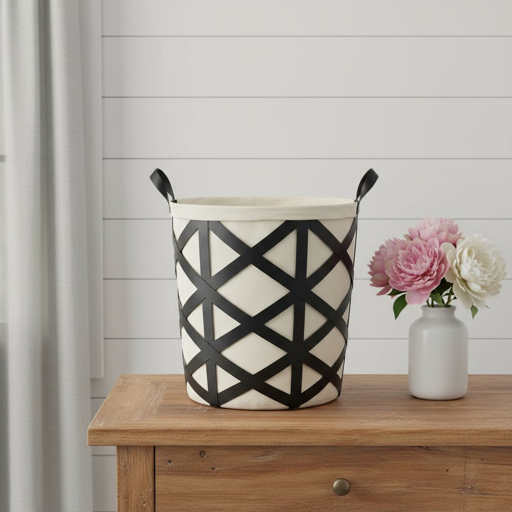 Set of Two Black And Cream Metal Basket