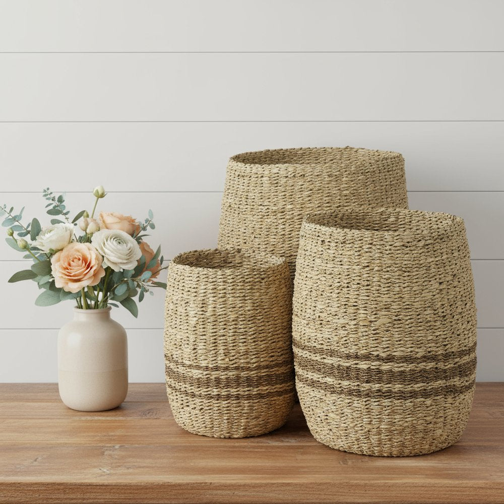 Set of Three Natural And Brown Wicker Basket