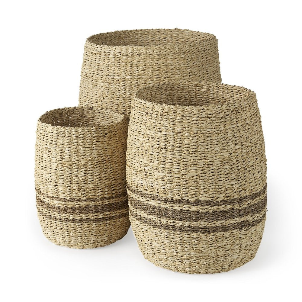 Set of Three Natural And Brown Wicker Basket