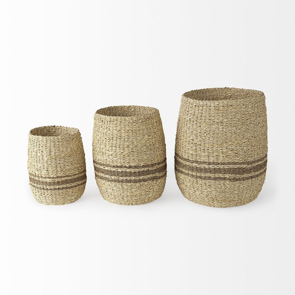 Set of Three Natural And Brown Wicker Basket