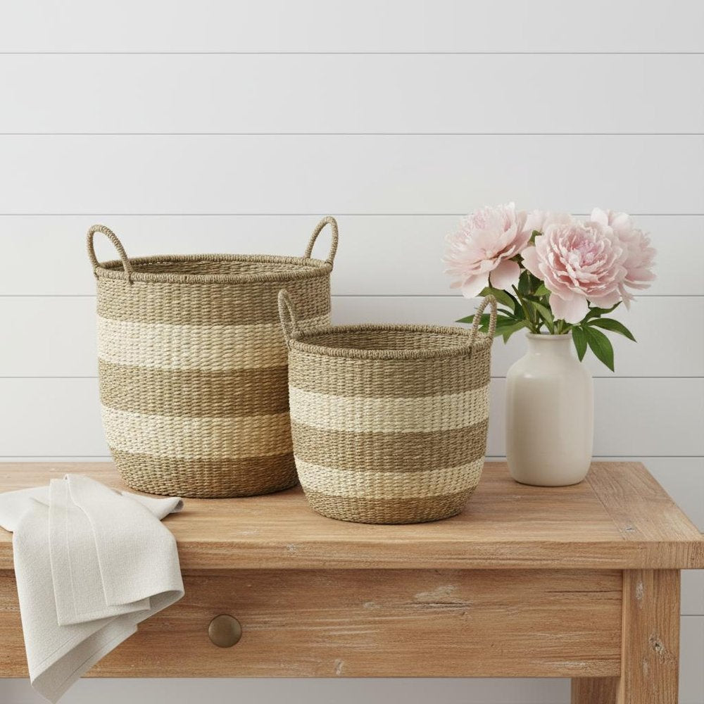 Set of Two Natural And Beige Wicker Basket