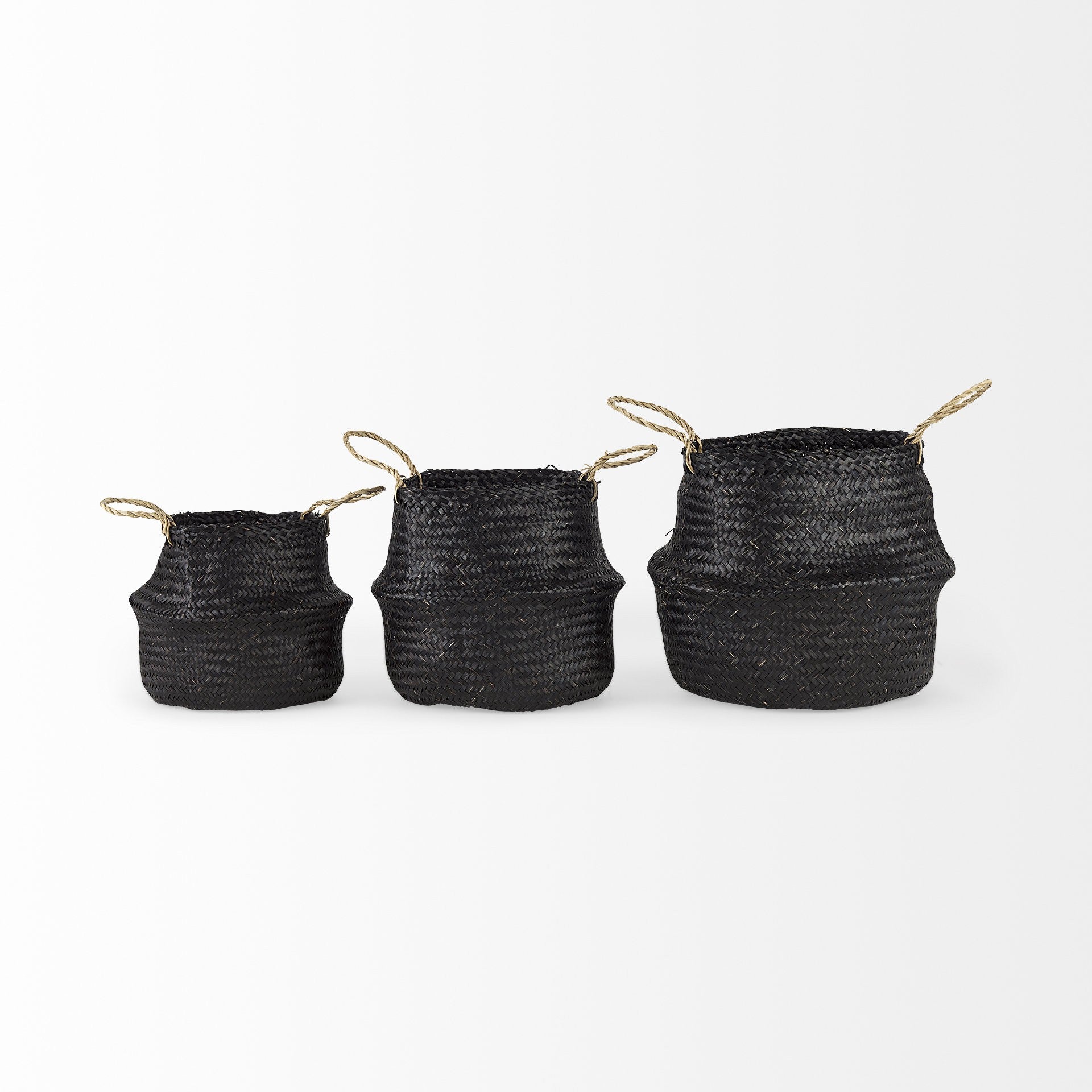 Set Of Three Black Wicker Storage Baskets