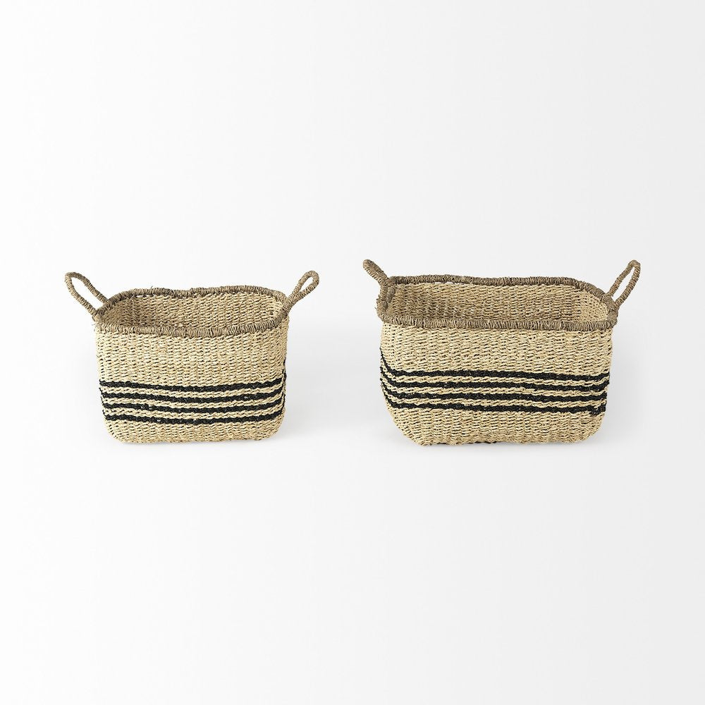 Set of Two Natural And Black Rattan Basket