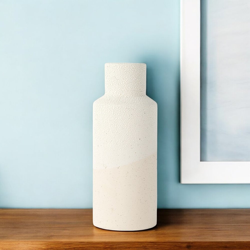 11" Beige And White Color Block Ceramic Cylinder Table Vase