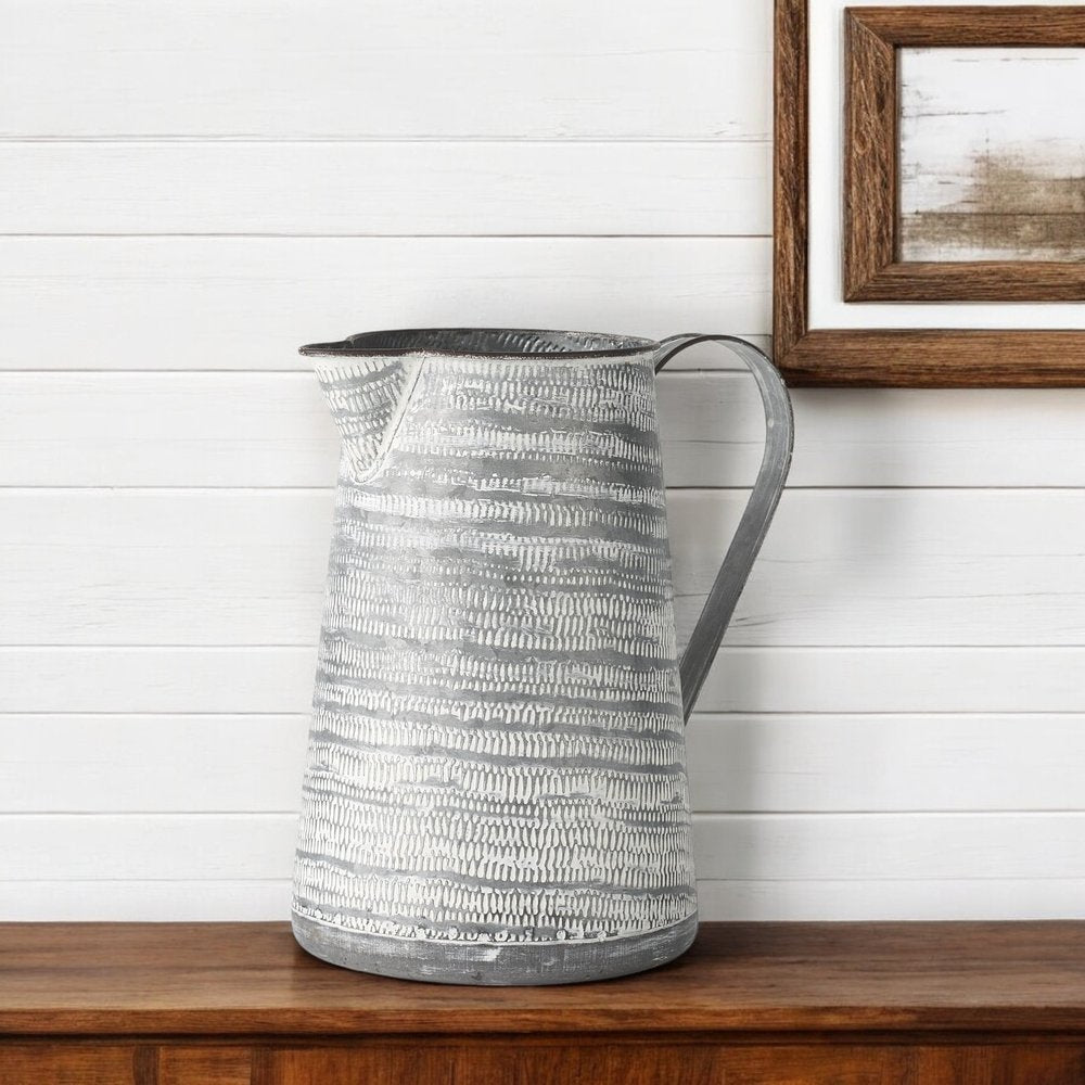 11" Gray and White Abstract Metal Jug Vase
