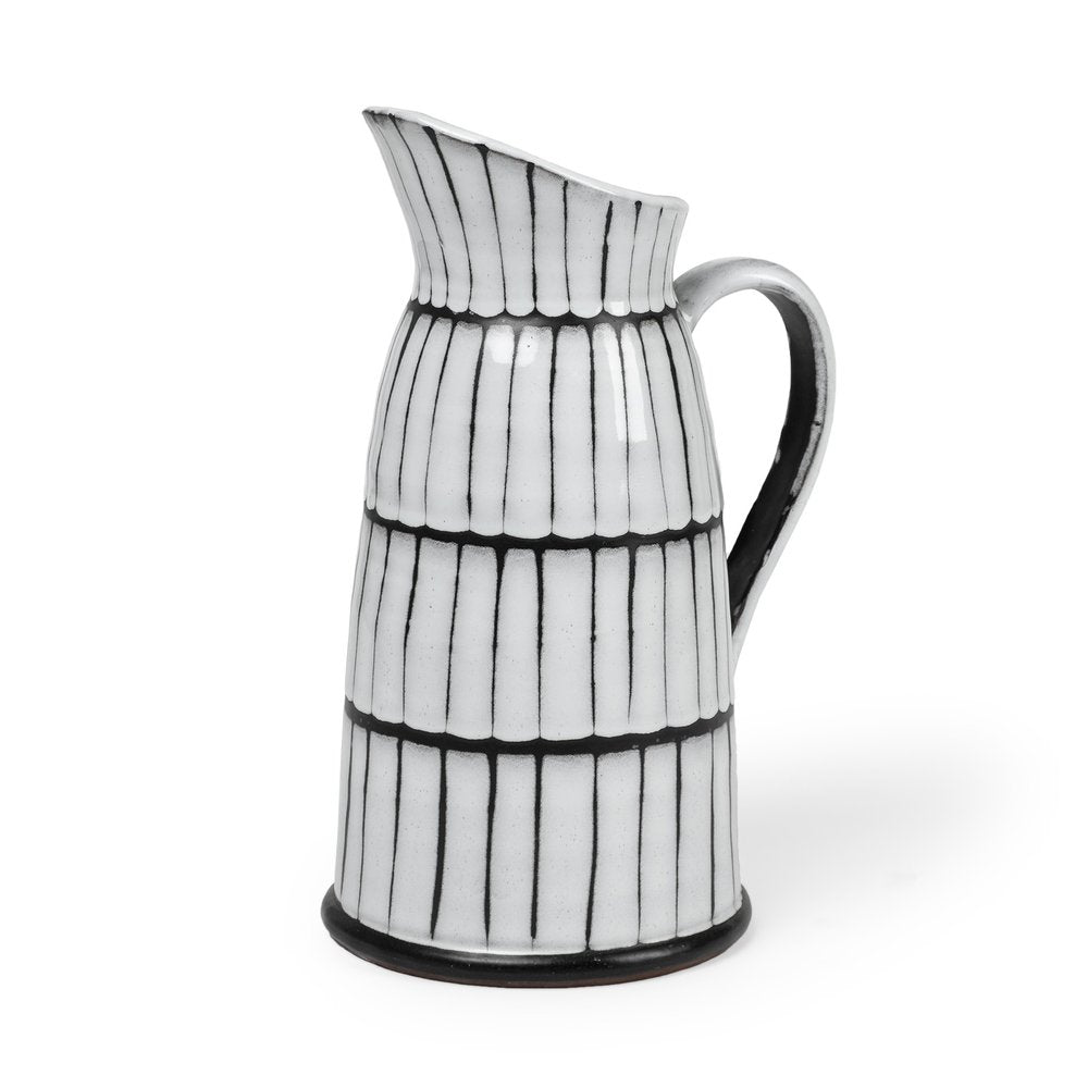 13" Black And White Ceramic Cylinder Jug Vase With Sculptural Details