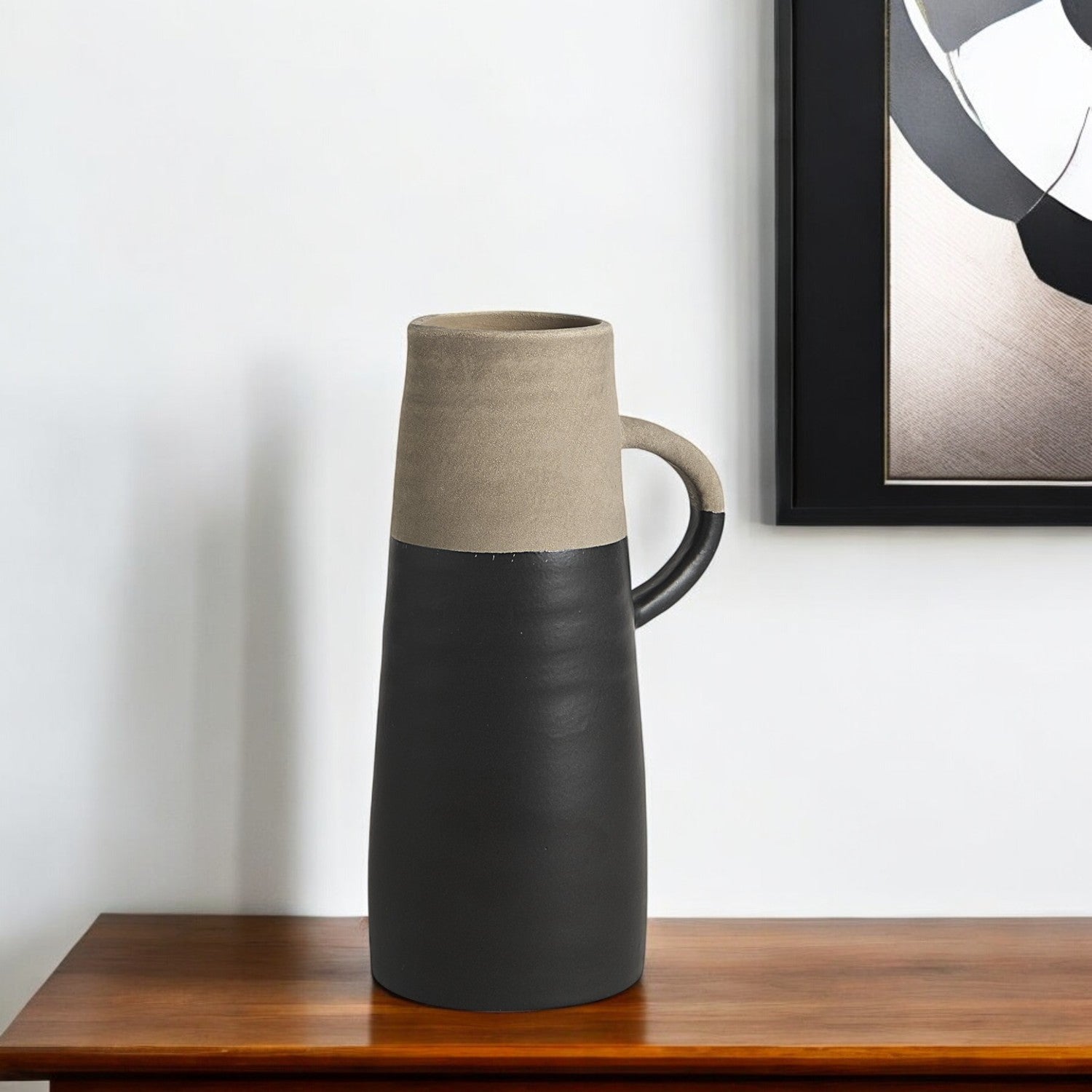 10" Black And Natural Color Block Cylinder Ceramic Jug Vase