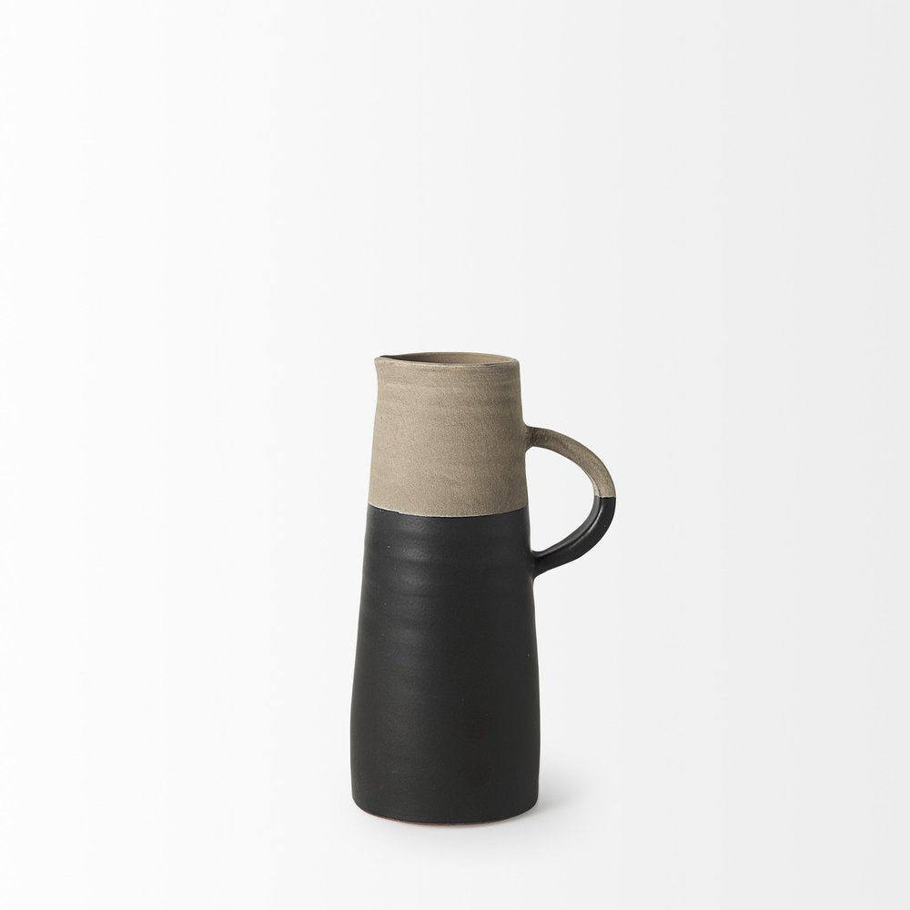 10" Black And Natural Color Block Cylinder Ceramic Jug Vase