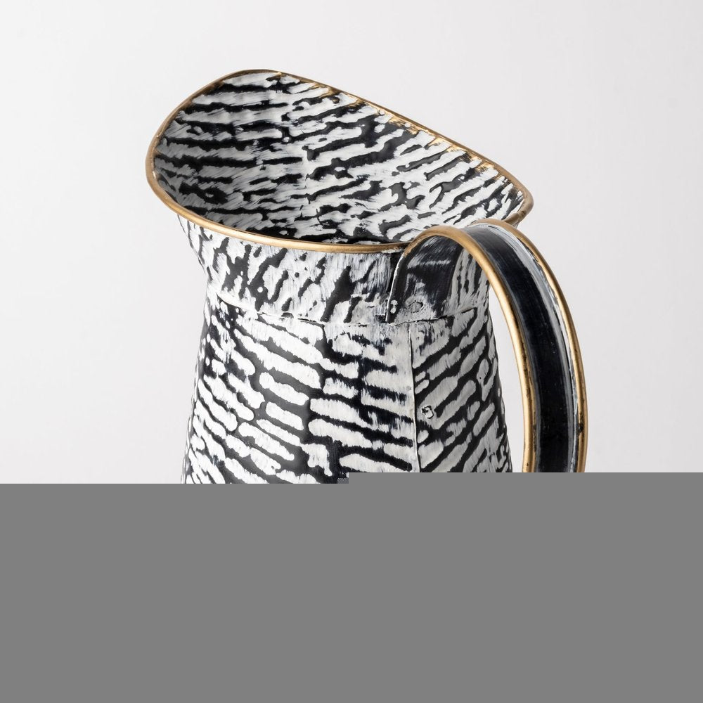 14" Black And White Abstract Cylinder Metal Jug Vase