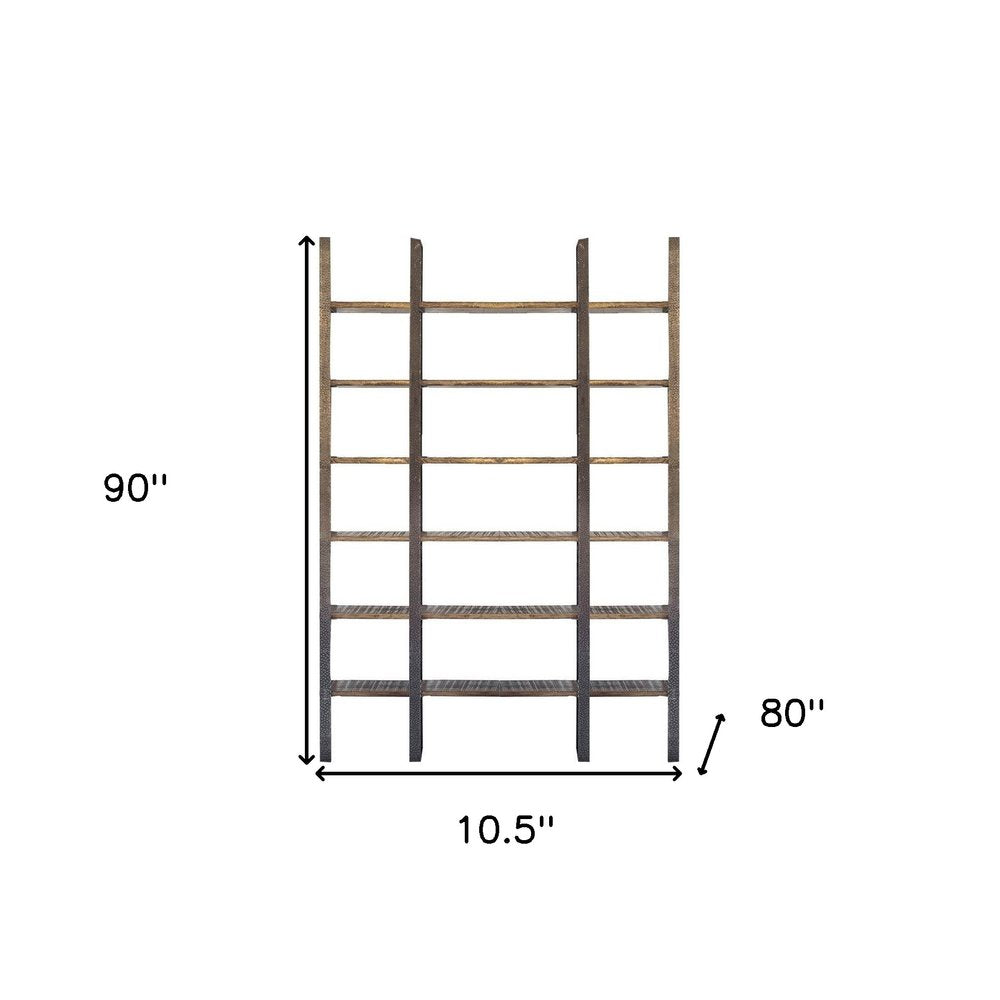 Brown Iron and Solid Wood Six Tier Bookcase