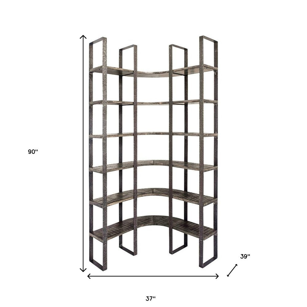Brown Iron and Solid Wood Six Tier Bookcase