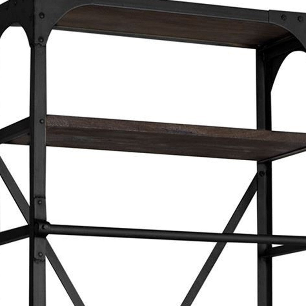 94" Black Distressed Iron and Solid Wood Five Tier Bookcase with Two Drawers