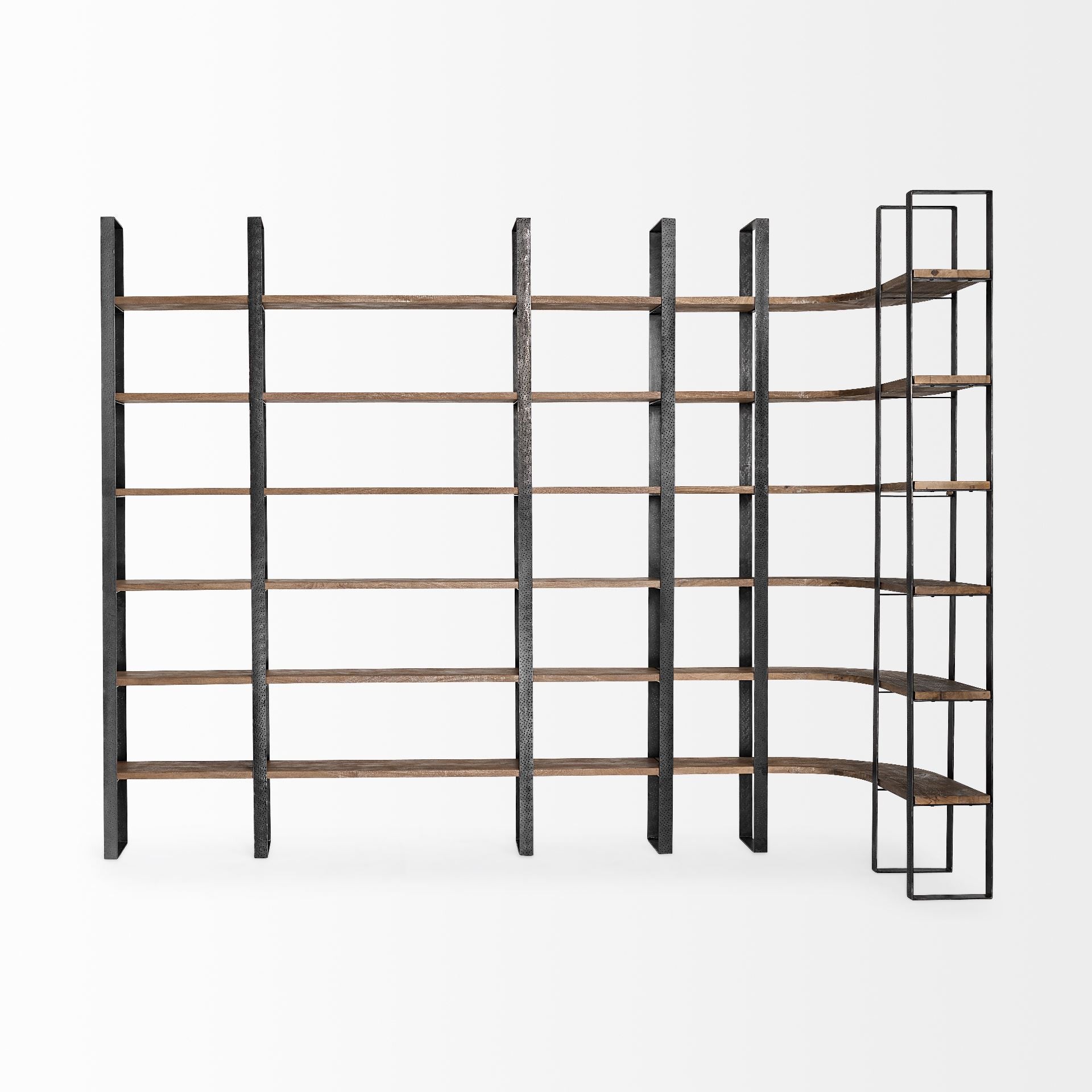 Brown Iron and Solid Wood Six Tier Bookcase