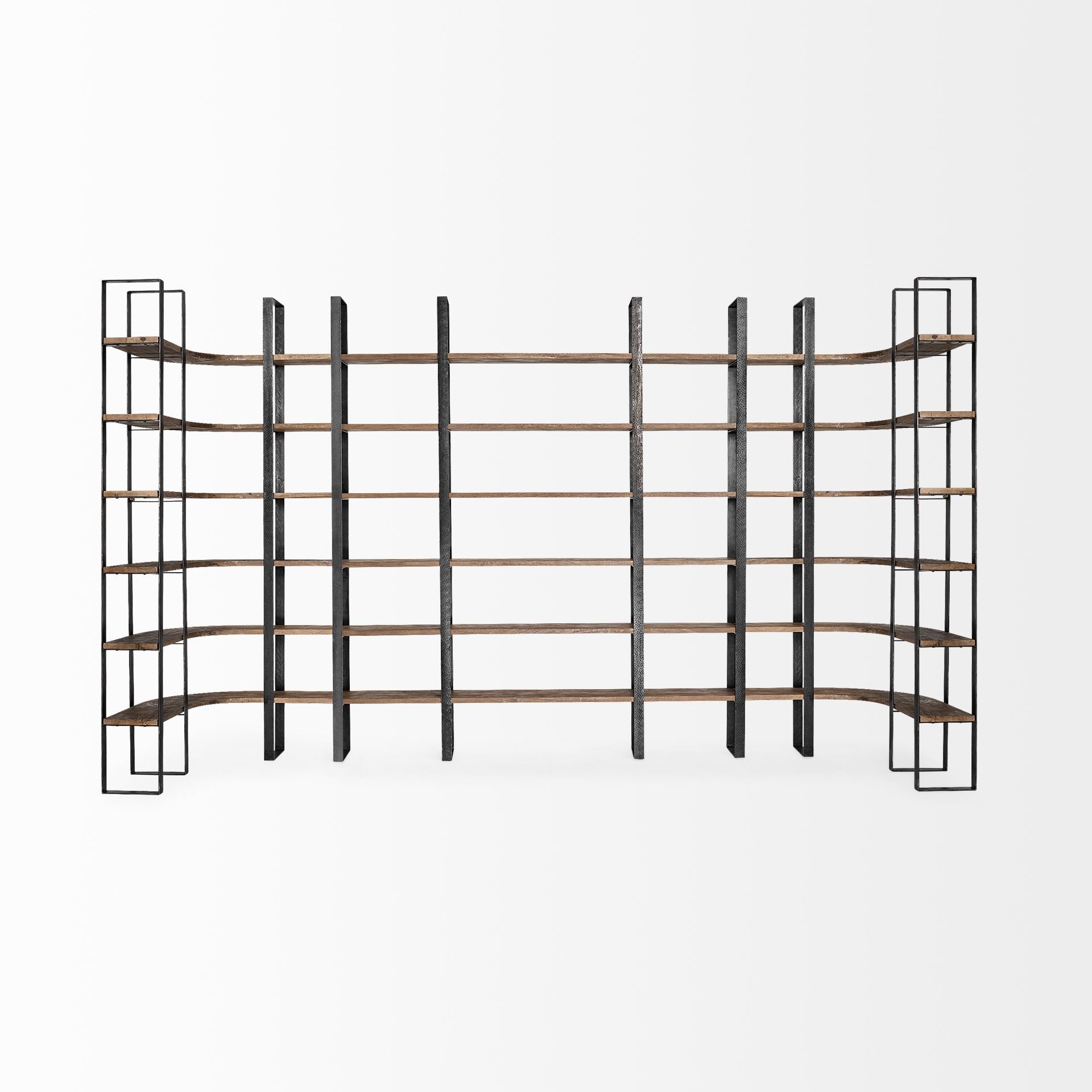 Brown Iron and Solid Wood Six Tier Bookcase