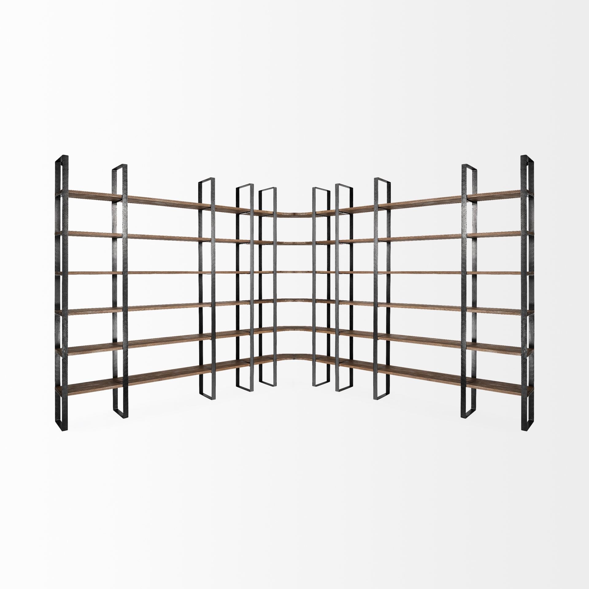 Brown Iron and Solid Wood Six Tier Bookcase