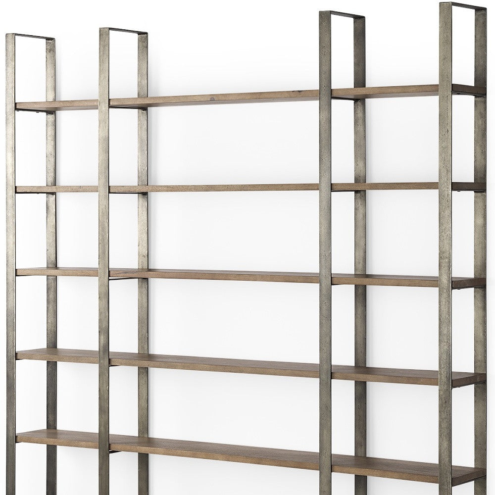 90" Brown Distressed Metal and Solid Wood Six Tier Bookcase