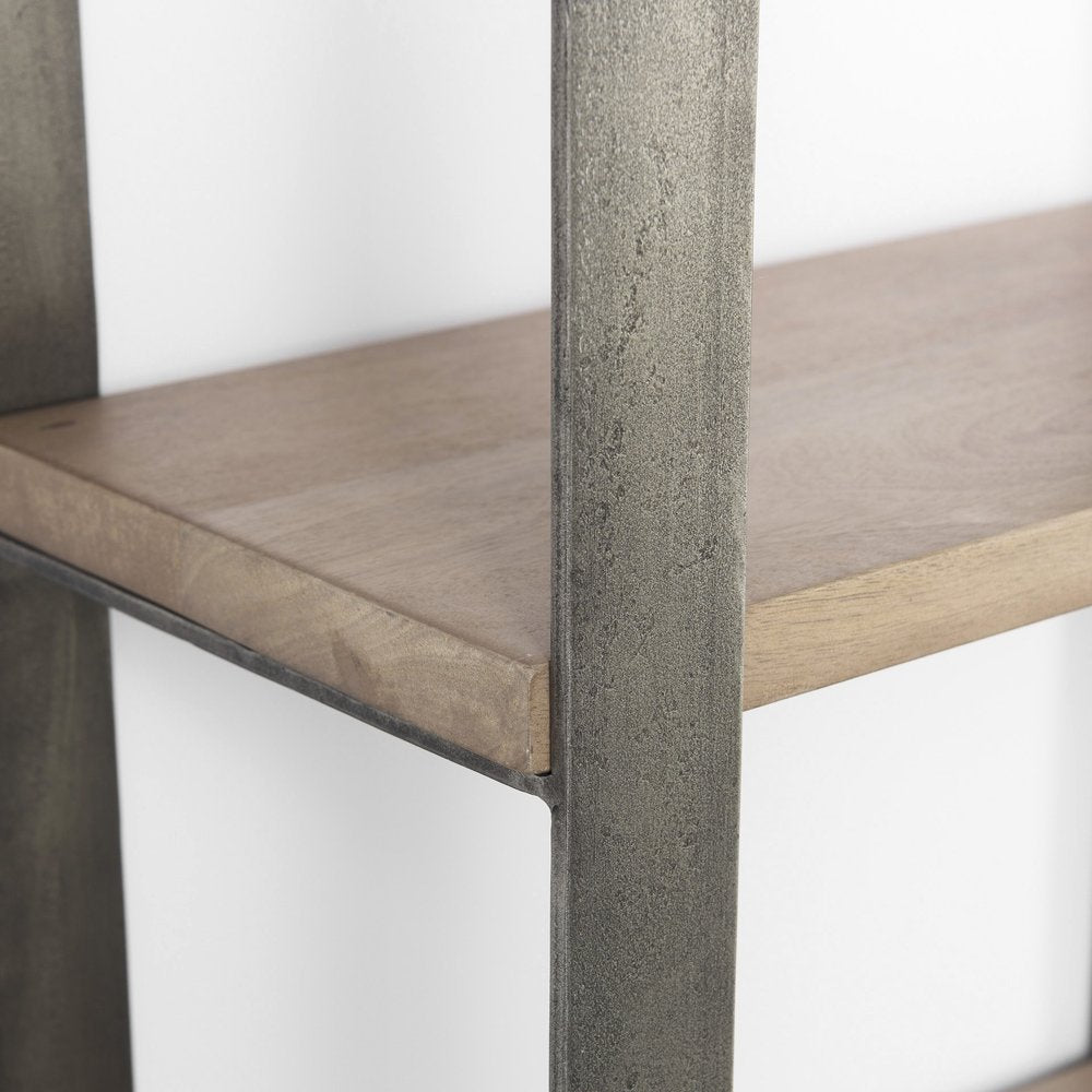 Brown Nickel and Solid Wood Six Tier Bookcase