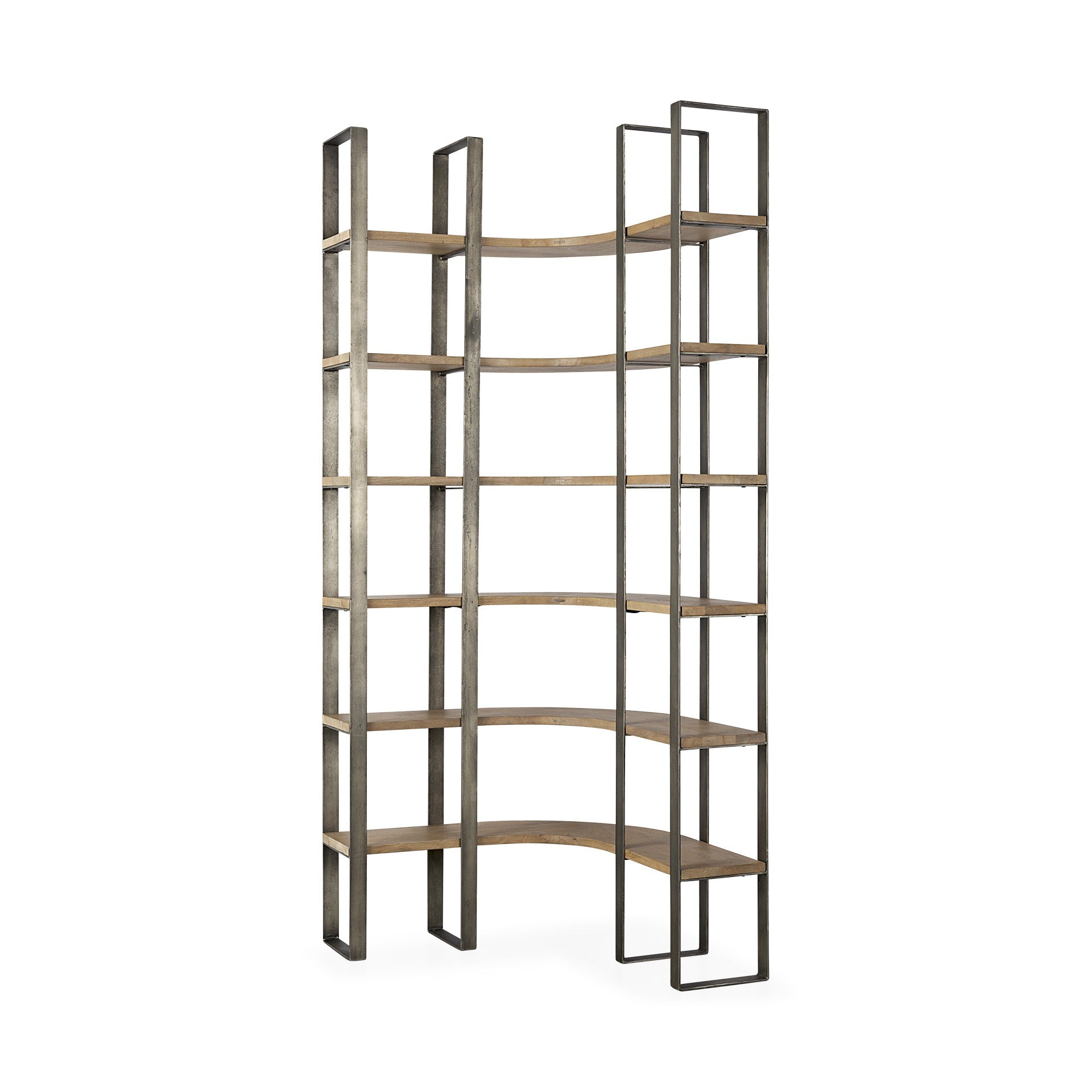 90" Brown Nickel and Solid Wood Curved Six Tier Corner Bookcase