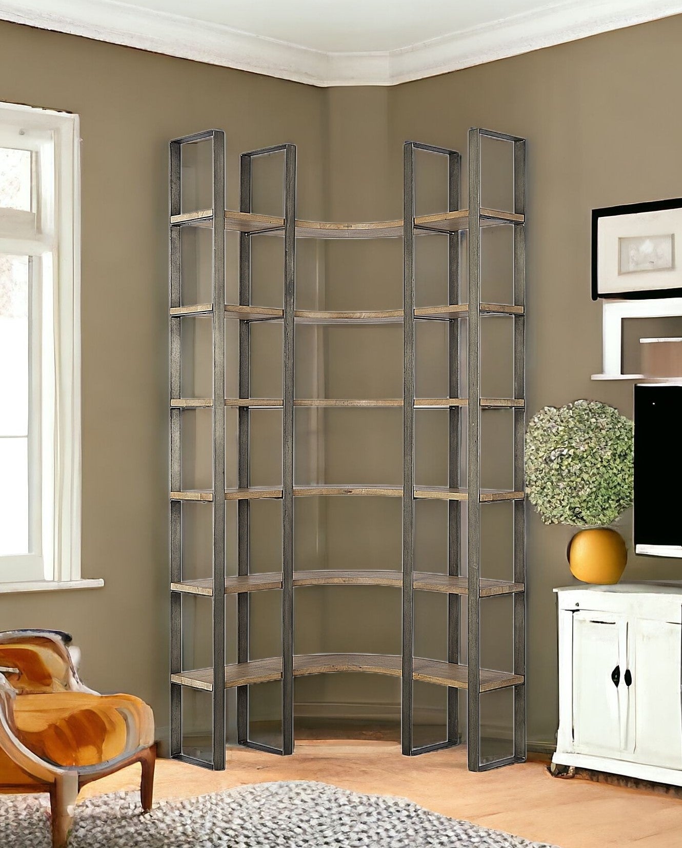 90" Brown Nickel and Solid Wood Curved Six Tier Corner Bookcase
